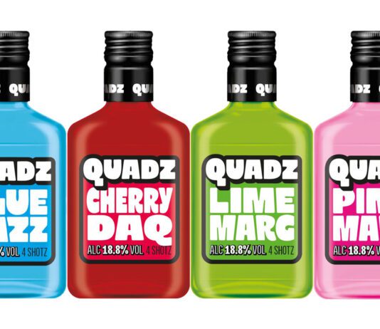 Global Brands bolsters pre-drinks with Quadz Pack shots of Quadz Blue Razz, Cherry Daq, Lime Marg and Pink Marg.