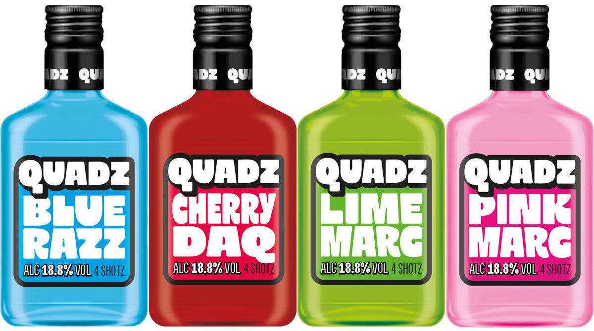 Pack shots of Quadz Blue Razz, Cherry Daq, Lime Marg and Pink Marg.