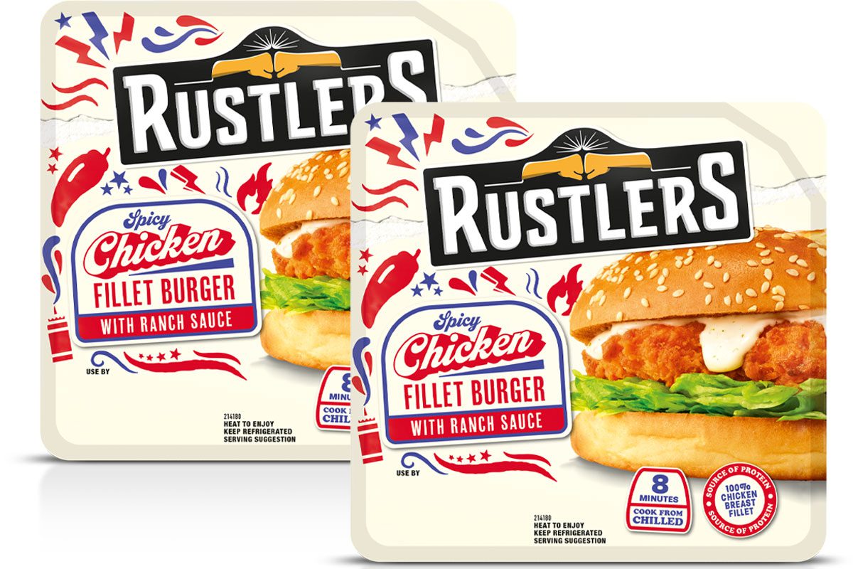 Pack shots of Rustlers Spicy Chicken Fillet Burger with Ranch Sauce.