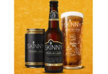 Global Brands acquires Skinny Brands low-calorie beer A can, a bottle and a pint glass of Skinny Brands lager stand against a yellow background.