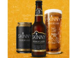 Global Brands acquires Skinny Brands low-calorie beer A can, a bottle and a pint glass of Skinny Brands lager stand against a yellow background.