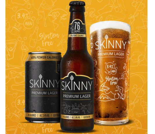 Global Brands acquires Skinny Brands low-calorie beer A can, a bottle and a pint glass of Skinny Brands lager stand against a yellow background.