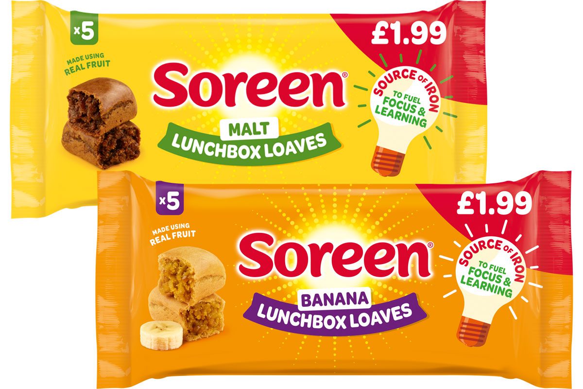 Pack shots of £1.99 PMP packs of Soreen Malt Lunchbox Loaves and Banana Lunchbox Loaves packs.