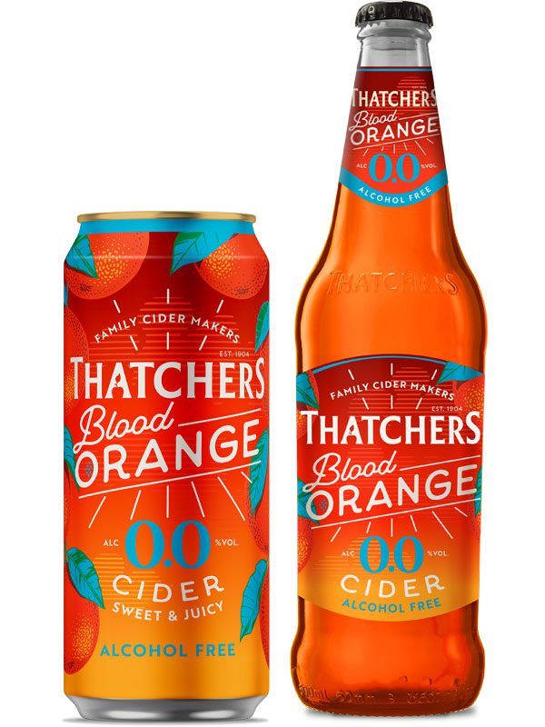 Pack shots of Thatchers Blood Orange 0.0% cider including a 440ml can and 500ml bottle.