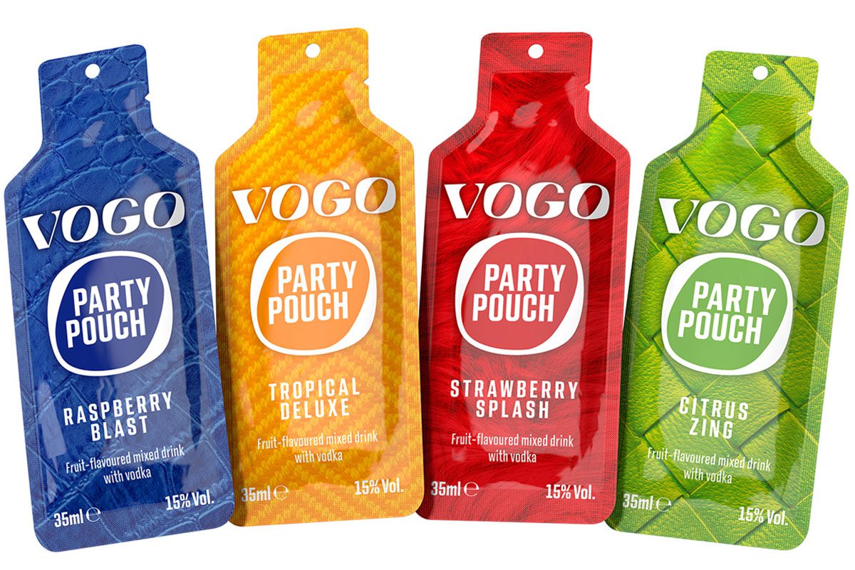 Pack shots of Vogo party pouches in Raspberry Blast, Tropical Deluxe, Strawberry Splash and Citrus Zing.