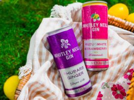 Whitley Neill enters into RTD market Cans of Whitley Neill Rhubarb & Ginger with Ginger Ale and Yuzu & White Strawberry with Lemonade sit in a wicker basket on grass with lemons around the basket.