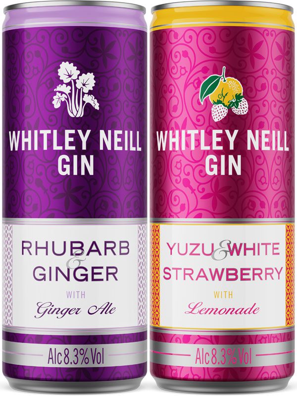 Pack shots of Whitley Neill Rhubarb & Ginger with Ginger Ale and Whitley Neill Yuzu & White Strawberry with Lemonade.