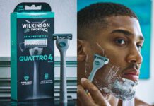 Anthony Joshua fronts Wilkinson Sword campaign A pack of Wilkinson Sword Quattro 4 stands at a sink in the image on the left as Anthony Joshua shave his face with the razor in the image on the right.