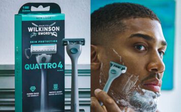 Anthony Joshua fronts Wilkinson Sword campaign A pack of Wilkinson Sword Quattro 4 stands at a sink in the image on the left as Anthony Joshua shave his face with the razor in the image on the right.