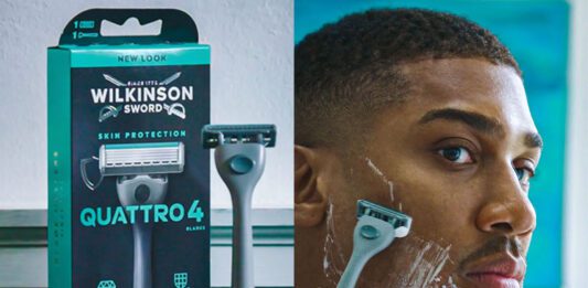 Anthony Joshua fronts Wilkinson Sword campaign A pack of Wilkinson Sword Quattro 4 stands at a sink in the image on the left as Anthony Joshua shave his face with the razor in the image on the right.