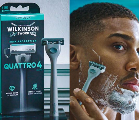Anthony Joshua fronts Wilkinson Sword campaign A pack of Wilkinson Sword Quattro 4 stands at a sink in the image on the left as Anthony Joshua shave his face with the razor in the image on the right.