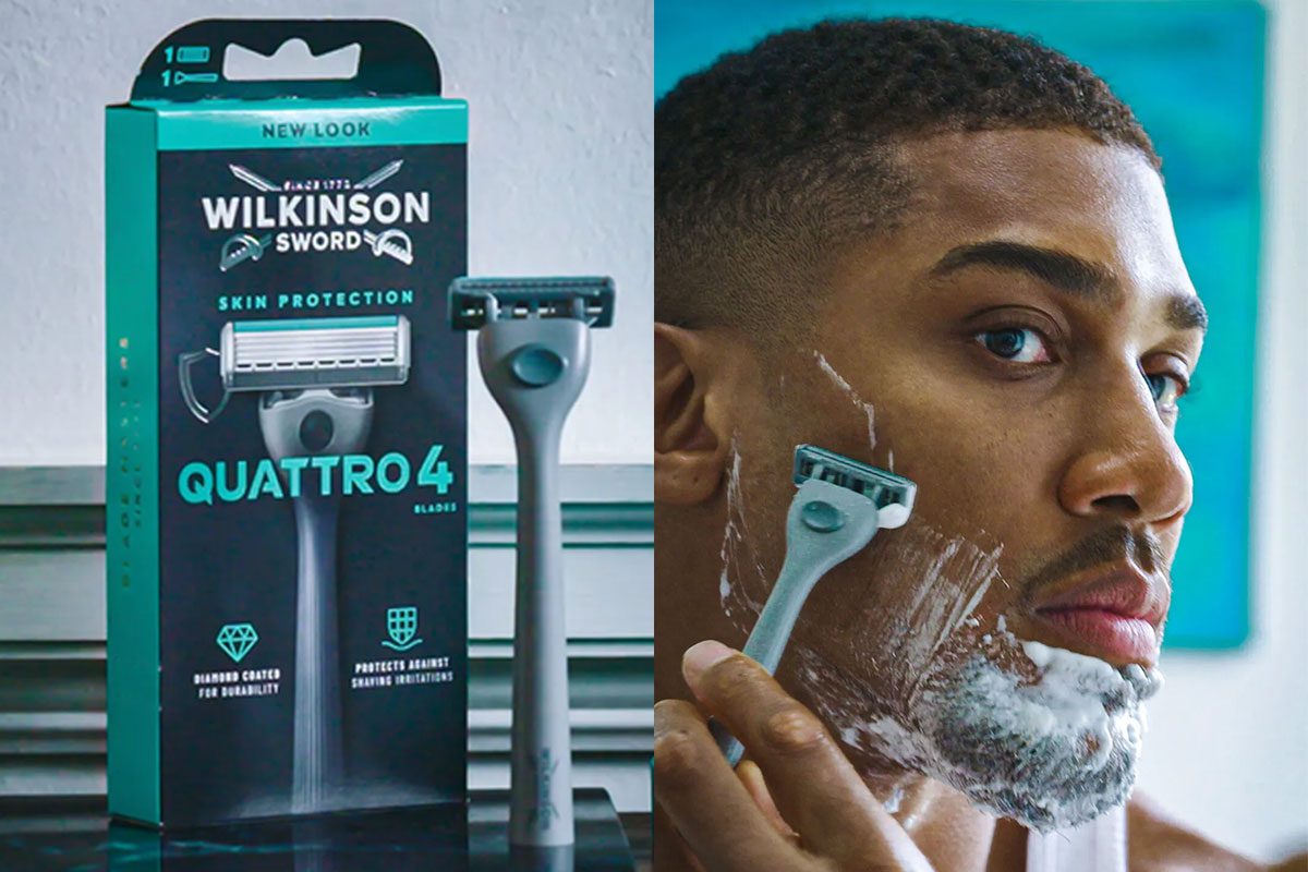 A pack of Wilkinson Sword Quattro 4 stands at a sink in the image on the left as Anthony Joshua shave his face with the razor in the image on the right.