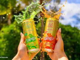 Au Vodka teams up with Tango on new cocktail cans A person holds up two cans of Au Vodka Tango one in Apple and one in Orange with the drinks spilling out the top of the cans.