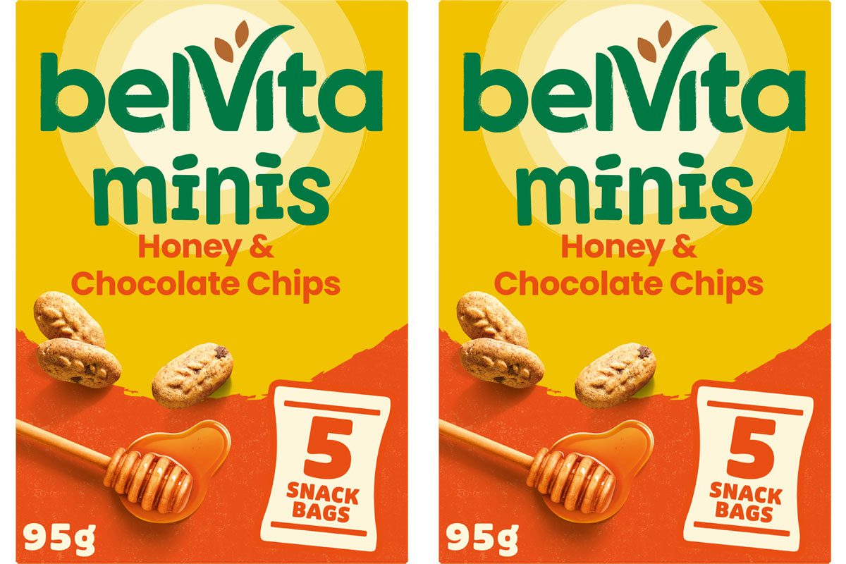 Pack shots of Belvita Minis Honey & Chocolate Chip.