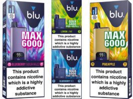 Imperial Brands launches new Blu Max 6000 vape kit range Pack shots of Blu Max 6000 range including Bluberry Sour Razz kit, Lemon & Lime pod + refill kit, Blueberry Ice pod+ refill kit and Blu Max 6000 Pineapple vape kit.