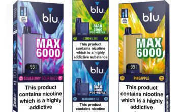 Imperial Brands launches new Blu Max 6000 vape kit range Pack shots of Blu Max 6000 range including Bluberry Sour Razz kit, Lemon & Lime pod + refill kit, Blueberry Ice pod+ refill kit and Blu Max 6000 Pineapple vape kit.