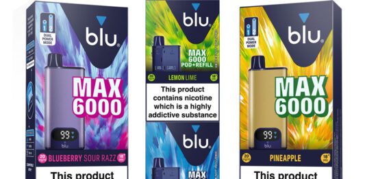 Imperial Brands launches new Blu Max 6000 vape kit range Pack shots of Blu Max 6000 range including Bluberry Sour Razz kit, Lemon & Lime pod + refill kit, Blueberry Ice pod+ refill kit and Blu Max 6000 Pineapple vape kit.