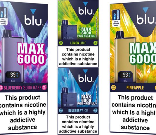 Imperial Brands launches new Blu Max 6000 vape kit range Pack shots of Blu Max 6000 range including Bluberry Sour Razz kit, Lemon & Lime pod + refill kit, Blueberry Ice pod+ refill kit and Blu Max 6000 Pineapple vape kit.
