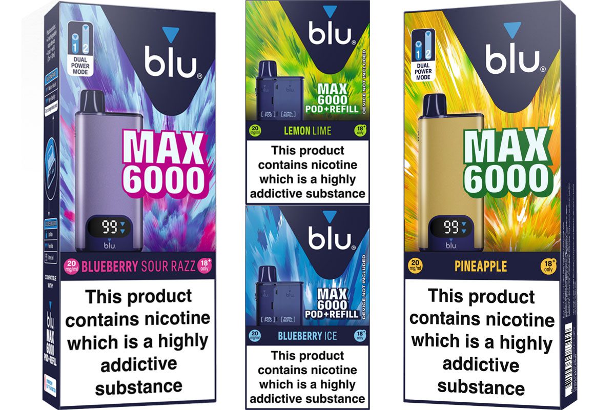 Pack shots of Blu Max 6000 range including Bluberry Sour Razz kit, Lemon & Lime pod + refill kit, Blueberry Ice pod+ refill kit and Blu Max 6000 Pineapple vape kit.