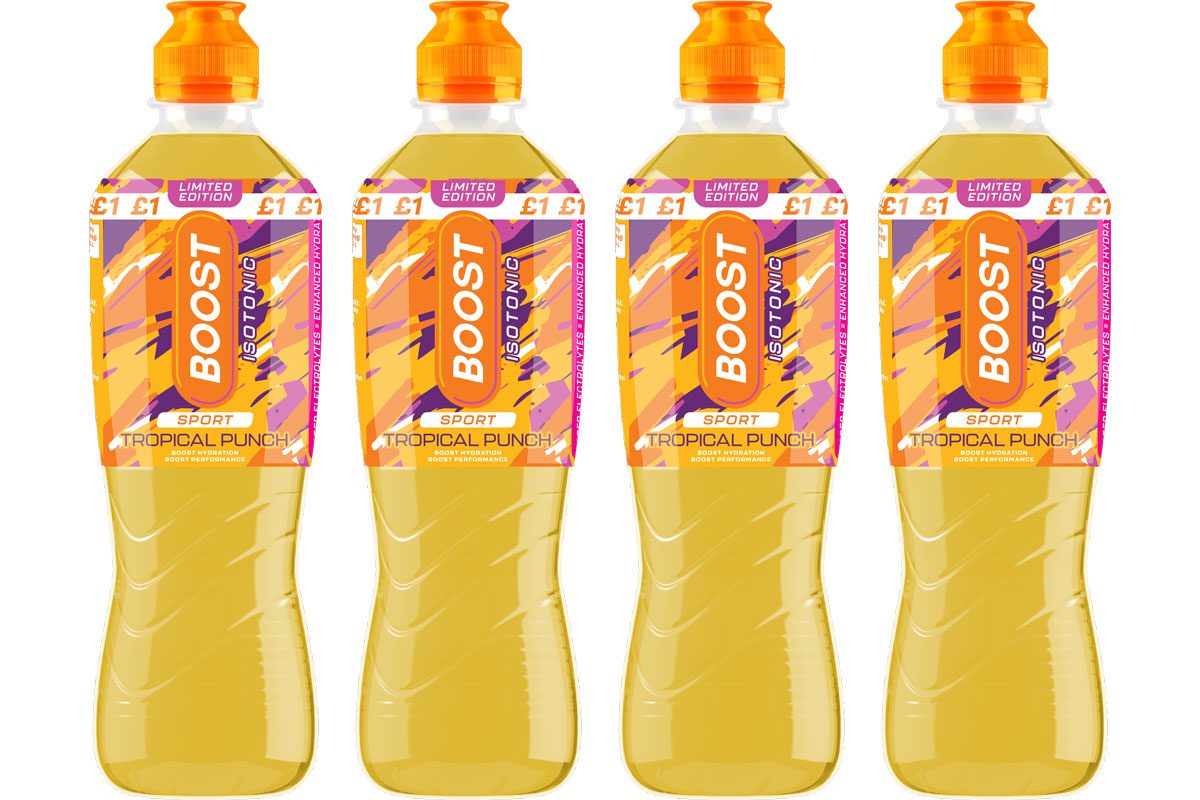 Pack shots of Boost Sport Tropical Punch 500ml bottles.