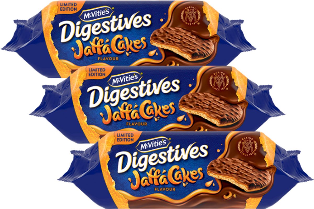 Pack shots of McVitie's Digestives Jaffa Cakes.