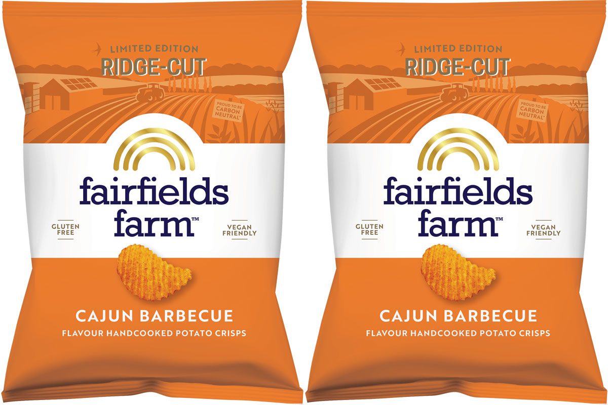 Pack shots of Fairfields Farm Cajun Barbecue crisps.