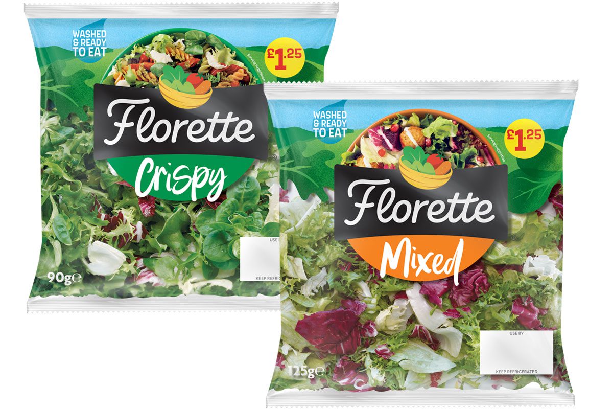 Pack shots of Florette PMP bags including Crispy and Mixed.