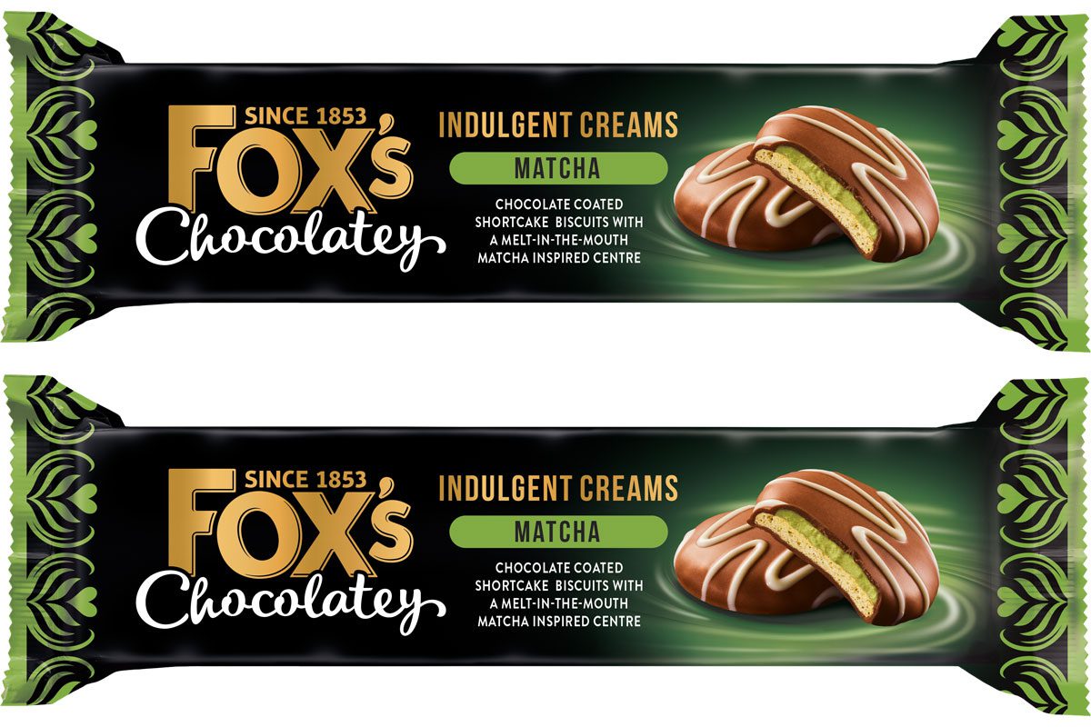 Pack shots of Fox's Chocolatey Indulgent Creams Matcha.