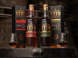 Glasgow 1770 unveils Batch 3 of Cask Strength whisky series Bottles of Glasgow 1770 Batch 3 Unpeated and Peated Cask Strength stand on a whisky barrel with their outer packs next to them.