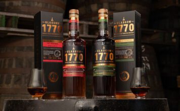 Glasgow 1770 unveils Batch 3 of Cask Strength whisky series Bottles of Glasgow 1770 Batch 3 Unpeated and Peated Cask Strength stand on a whisky barrel with their outer packs next to them.