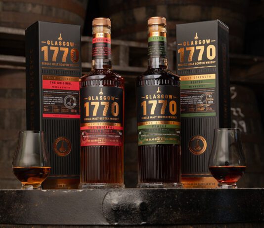 Glasgow 1770 unveils Batch 3 of Cask Strength whisky series Bottles of Glasgow 1770 Batch 3 Unpeated and Peated Cask Strength stand on a whisky barrel with their outer packs next to them.