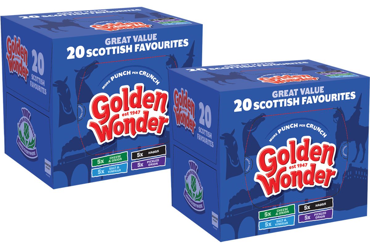 Pack shots of Golden Wonder Scottish Favourites 20-pack box.
