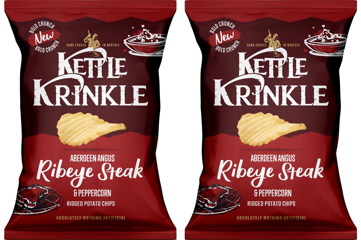 Pack shots of Kettle Krinkle Aberdeen Angus Ribeye Steak & Peppercorn.