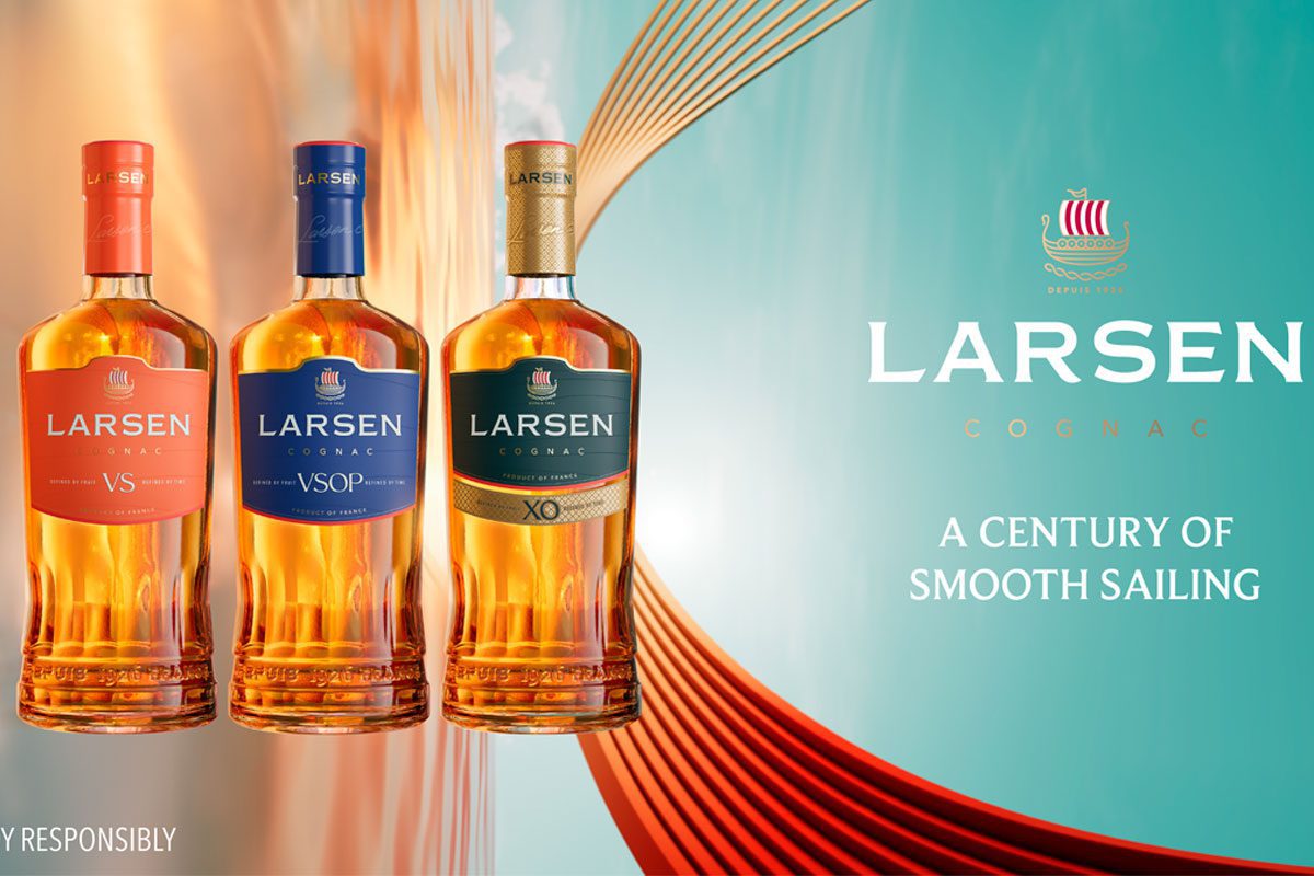 Promotional image of the Larsen Cognac redesign for 2026 featuring the new bottles next to the company logo with text that reads "A Century of Smooth Sailing".