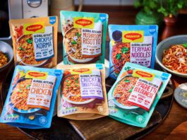 Maggi enters ready meals category with Global Kitchen launch Packs of Maggi Global Kitchen ready meals sit on a counter with the meals served in bowls around them.