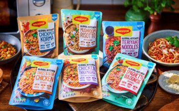 Maggi enters ready meals category with Global Kitchen launch Packs of Maggi Global Kitchen ready meals sit on a counter with the meals served in bowls around them.