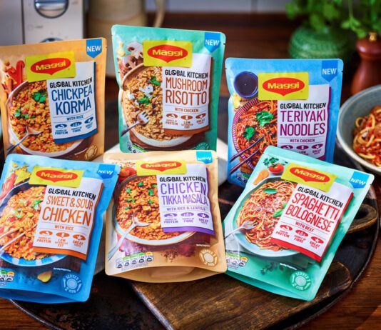 Maggi enters ready meals category with Global Kitchen launch Packs of Maggi Global Kitchen ready meals sit on a counter with the meals served in bowls around them.