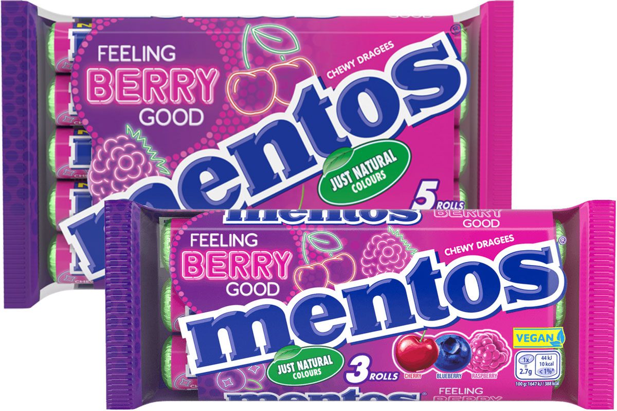 Pack shots of Mentos Feeling Berry Good three-pack and five-pack.