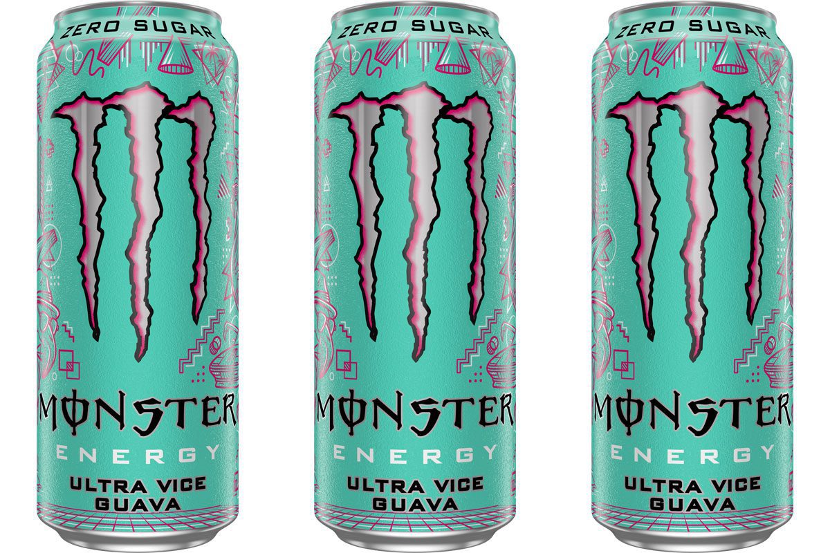 Pack shots of Monster Ultra Vice Guava cans.