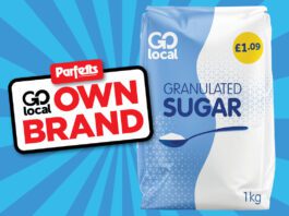 Parfetts expands own label Go Local range Pack shot of Go Local Granulated Sugar £1.09 price-mark pack is next to a sign with Parfetts Go Local Own Brand with a blue background.