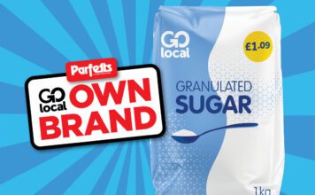 Parfetts expands own label Go Local range Pack shot of Go Local Granulated Sugar £1.09 price-mark pack is next to a sign with Parfetts Go Local Own Brand with a blue background.