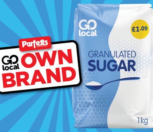 Parfetts expands own label Go Local range Pack shot of Go Local Granulated Sugar £1.09 price-mark pack is next to a sign with Parfetts Go Local Own Brand with a blue background.