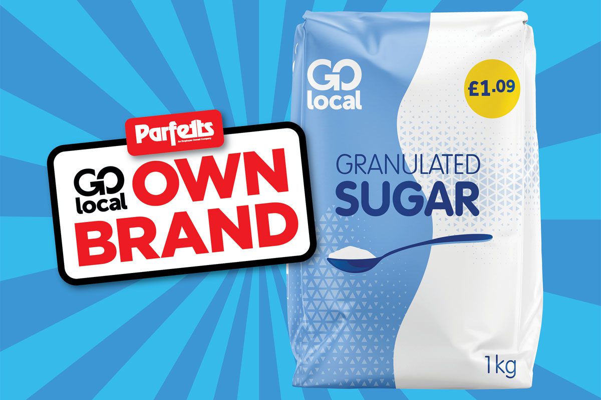 Pack shot of Go Local Granulated Sugar £1.09 price-mark pack is next to a sign with Parfetts Go Local Own Brand with a blue background.