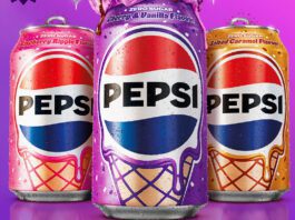 Pepsi unveils new trio of Ice Cream inspired flavours Cans of Pepsi Ice Cream including Cherry & Vanilla, Raspberry Ripple and Salted Caramel stand against a purple background.