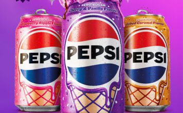 Pepsi unveils new trio of Ice Cream inspired flavours Cans of Pepsi Ice Cream including Cherry & Vanilla, Raspberry Ripple and Salted Caramel stand against a purple background.