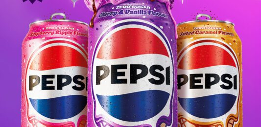Pepsi unveils new trio of Ice Cream inspired flavours Cans of Pepsi Ice Cream including Cherry & Vanilla, Raspberry Ripple and Salted Caramel stand against a purple background.