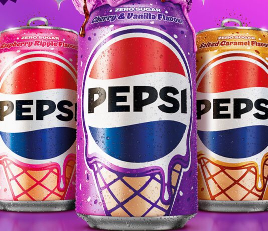 Pepsi unveils new trio of Ice Cream inspired flavours Cans of Pepsi Ice Cream including Cherry & Vanilla, Raspberry Ripple and Salted Caramel stand against a purple background.