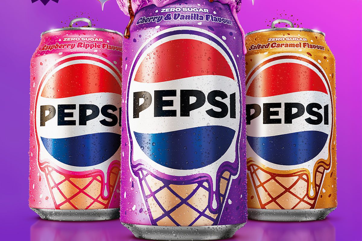 Cans of Pepsi Ice Cream including Cherry & Vanilla, Raspberry Ripple and Salted Caramel stand against a purple background.