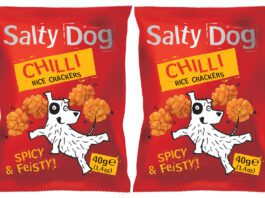Salty Dog brings a fiery punch to Rice Crackers range Pack shots of Salty Dog Chilli Rice Crackers packs.