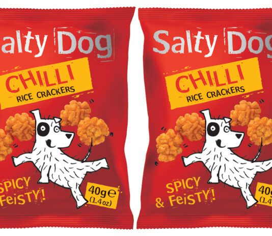 Salty Dog brings a fiery punch to Rice Crackers range Pack shots of Salty Dog Chilli Rice Crackers packs.
